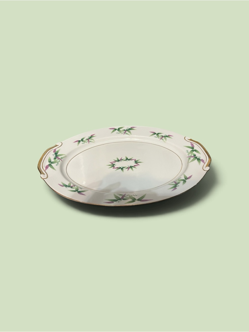 White Porcelain Serving Platter with Green and Pink Floral Motif
